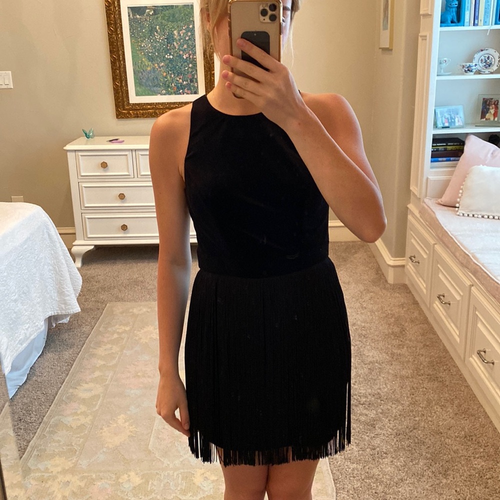 Black velvet fringe cocktail dress